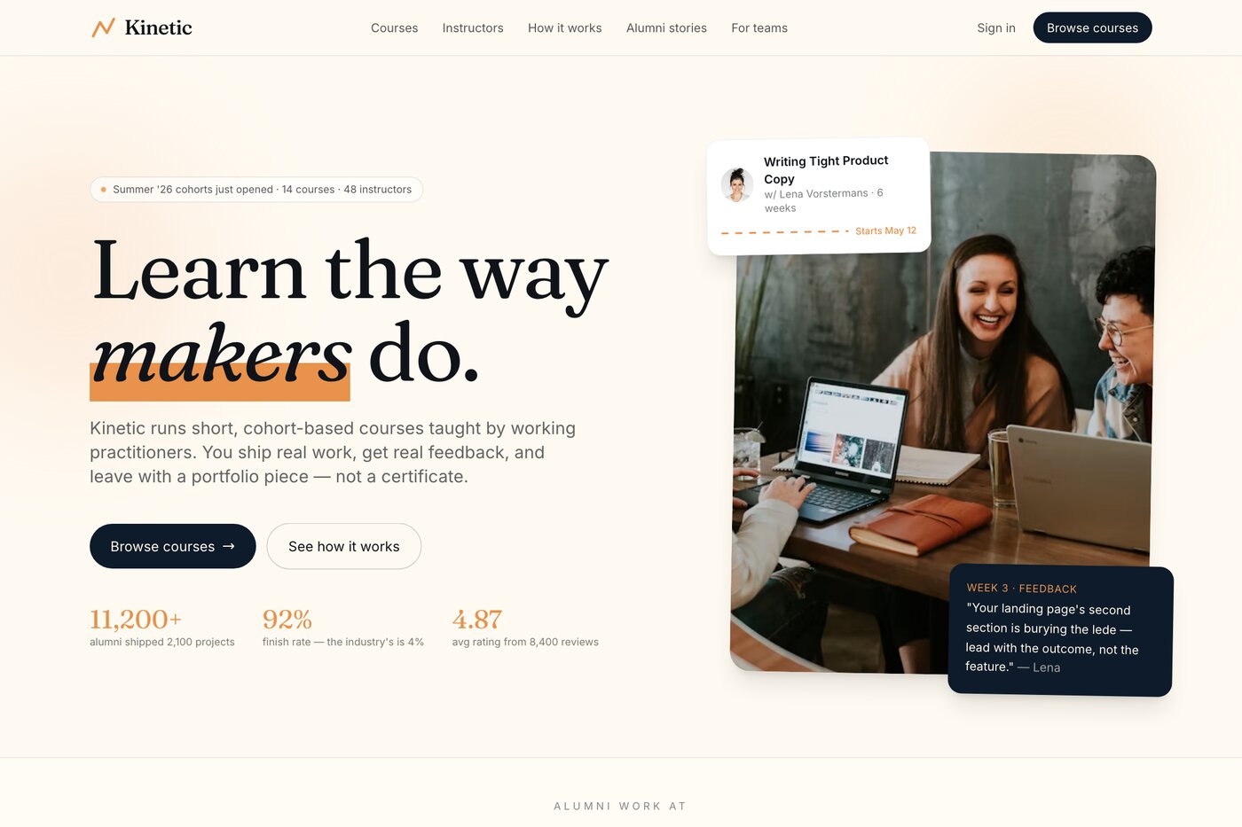 Kinetic — cohort-based learning platform homepage