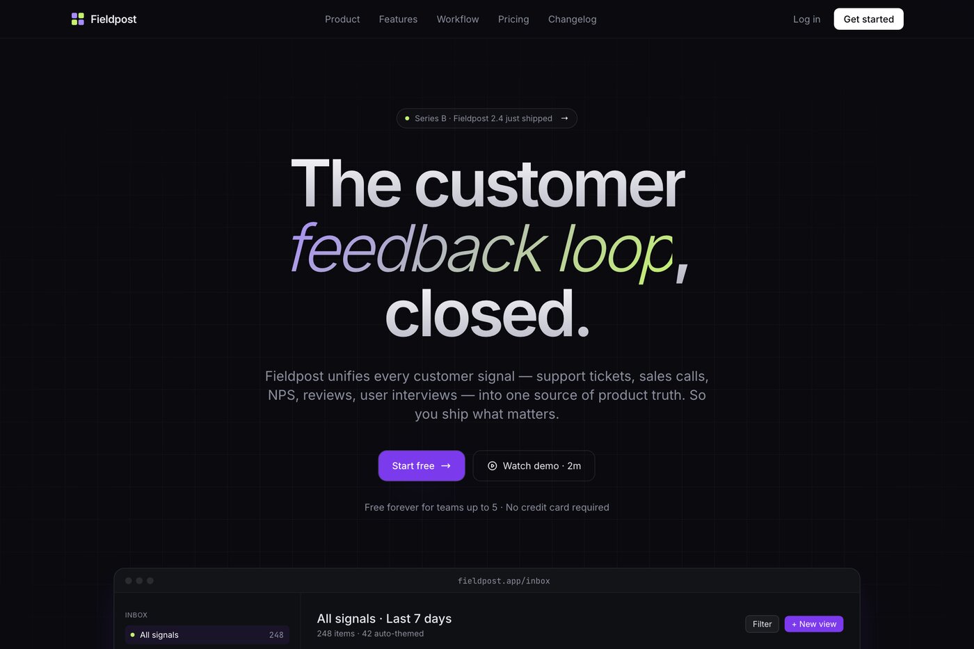 Fieldpost — customer feedback intelligence SaaS homepage